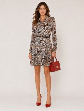 BEBE Brown Black Animal Print Belt Long Sleeve Office Career Midi Dress Sz Med